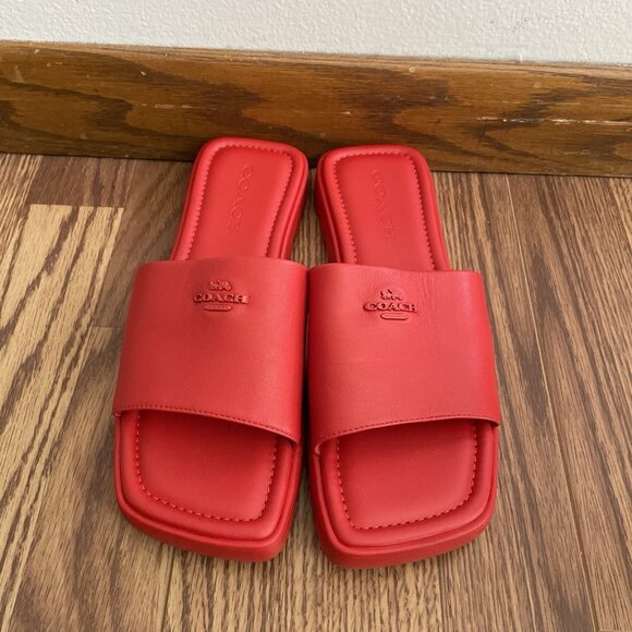 Coach Women Size 8.5B Bright Poppy Slip-On Square Toe Fiona Leather Sandal NWB - Picture 3 of 16